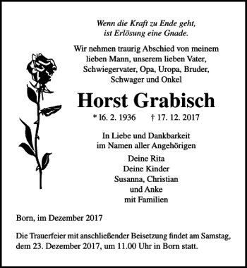 Traueranzeige von Horst Grabisch von Ostsee-Zeitung