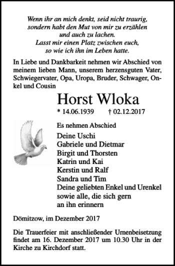 Traueranzeige von Horst Wloka von Ostsee-Zeitung