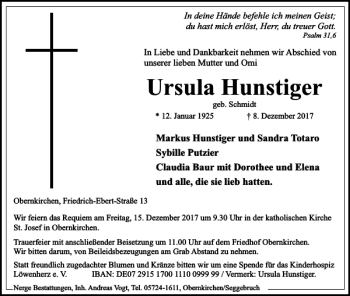 Traueranzeige von Hunstiger ursula zeitung von Schaumburger Nachrichten
