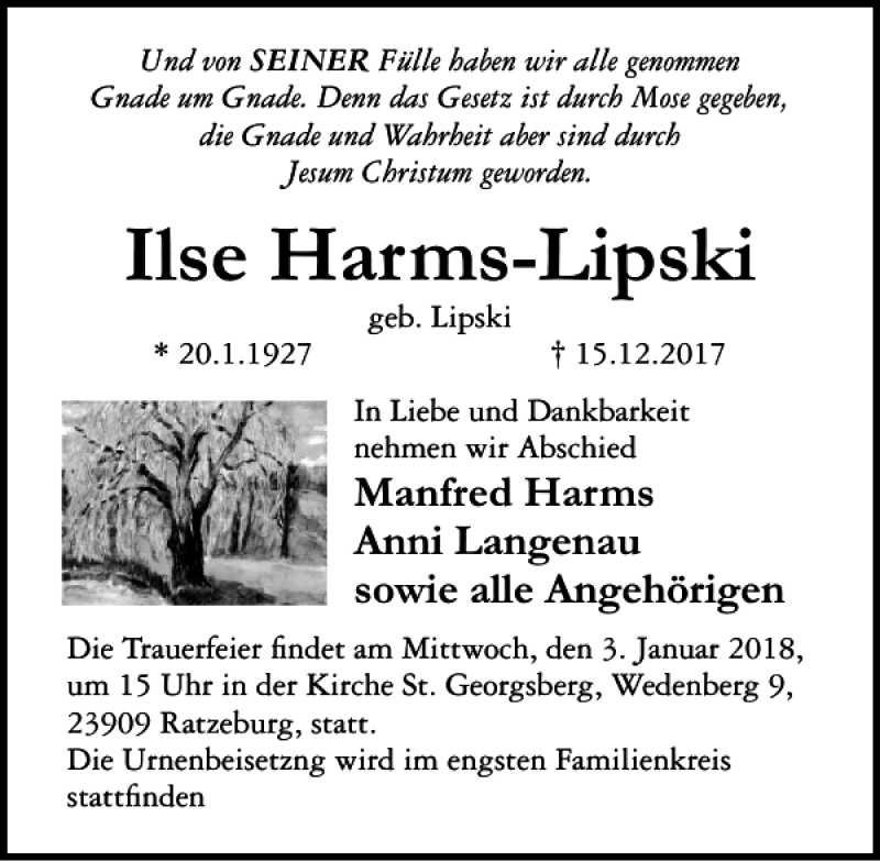  Traueranzeige für Ilse Harms-Lipski vom 30.12.2017 aus Lübecker Nachrichten