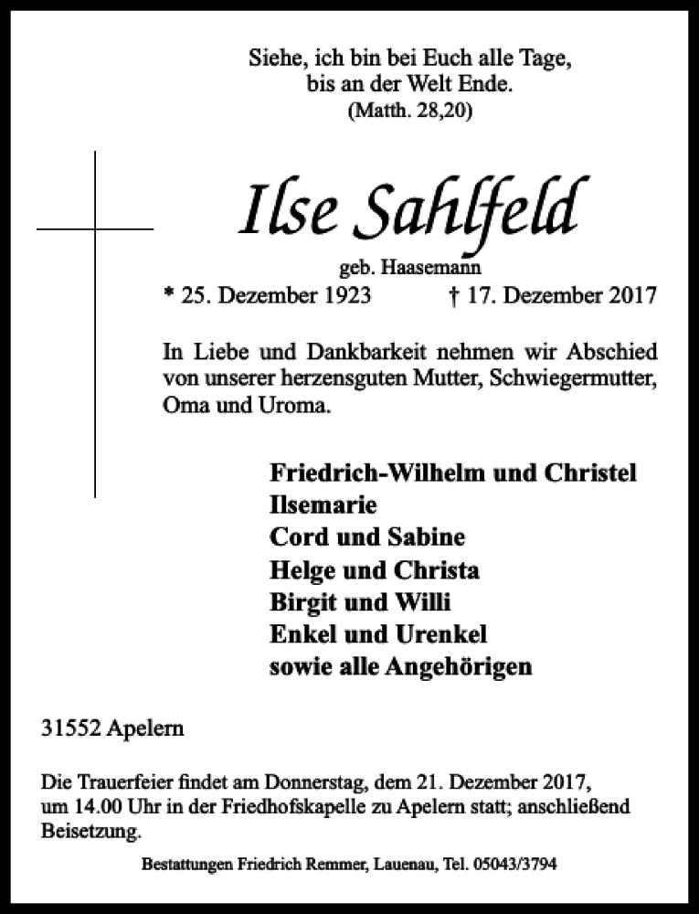 Traueranzeige für Ilse Sahlfeld vom 20.12.2017 aus Schaumburger Nachrichten
