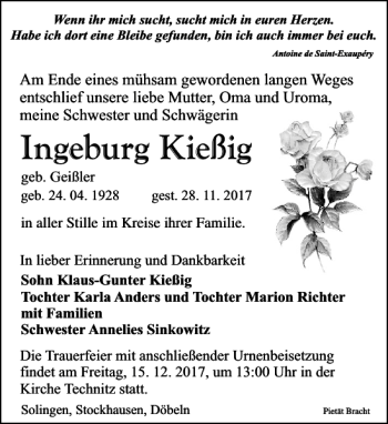 Traueranzeige von Ingeburg Kießig von Leipziger Volkszeitung