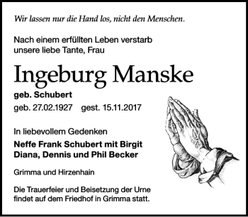 Traueranzeige von Ingeburg Manske von Leipziger Volkszeitung