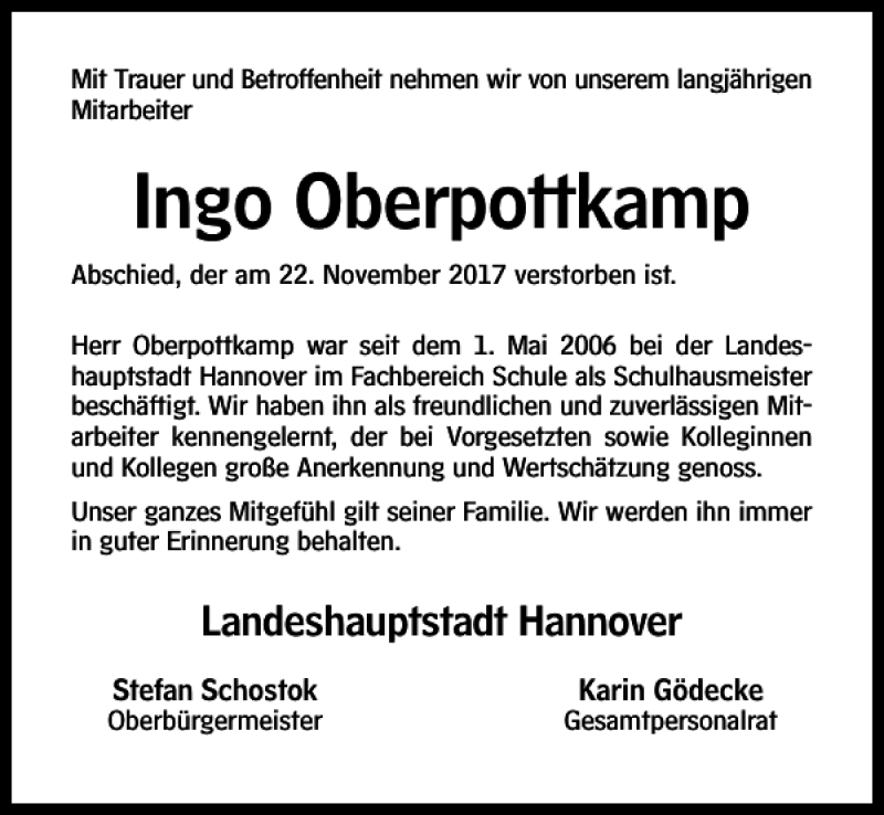  Traueranzeige für Ingo Oberpottkamp vom 07.12.2017 aus HAZ/NP