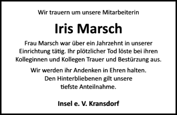 Traueranzeige von Iris Marsch von Ostsee-Zeitung