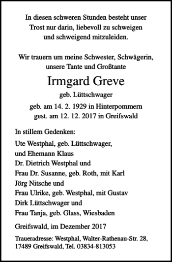 Traueranzeige von Irmgard Greve von Ostsee-Zeitung