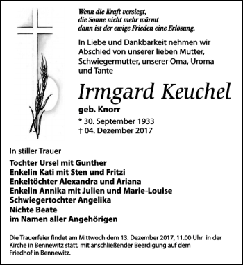 Traueranzeige von Irmgard Keuchel von Leipziger Volkszeitung