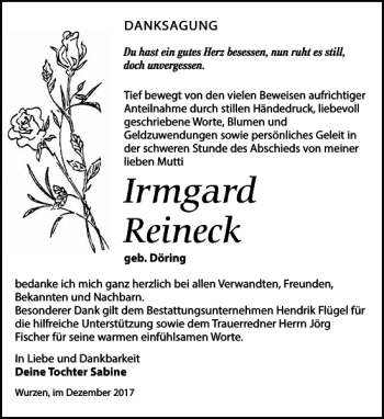 Traueranzeige von Irmgard Reineck von Leipziger Volkszeitung