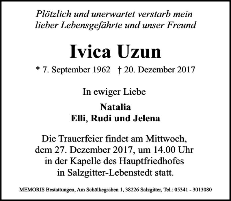  Traueranzeige für Ivica Uzun vom 23.12.2017 aus HAZ/NP