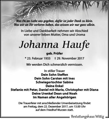 Traueranzeige von Johanna Haufe von Leipziger Volkszeitung