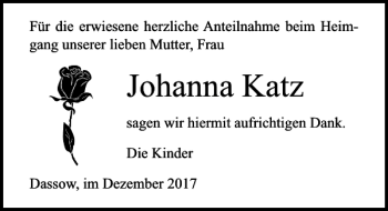Traueranzeige von Johanna Katz von Ostsee-Zeitung