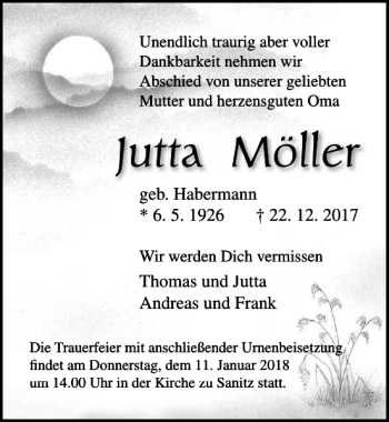 Traueranzeige von Jutta Möller von Ostsee-Zeitung