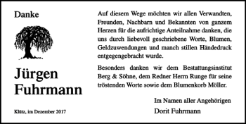 Traueranzeige von Jürgen Fuhrmann von Ostsee-Zeitung