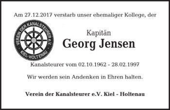 Traueranzeige von Kapitän Georg Jensen von Kieler Nachrichten / Segeberger Zeitung
