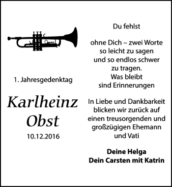 Traueranzeige von Karlheinz Obst von Leipziger Volkszeitung