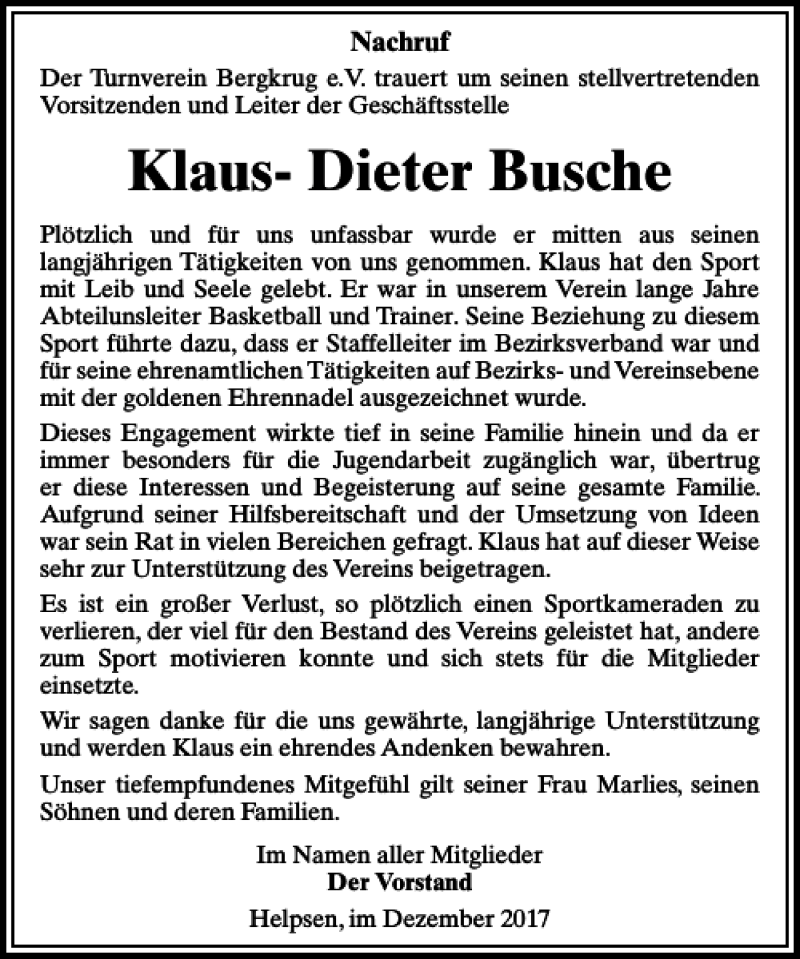  Traueranzeige für Klaus-Dieter Busche vom 19.12.2017 aus Schaumburger Nachrichten