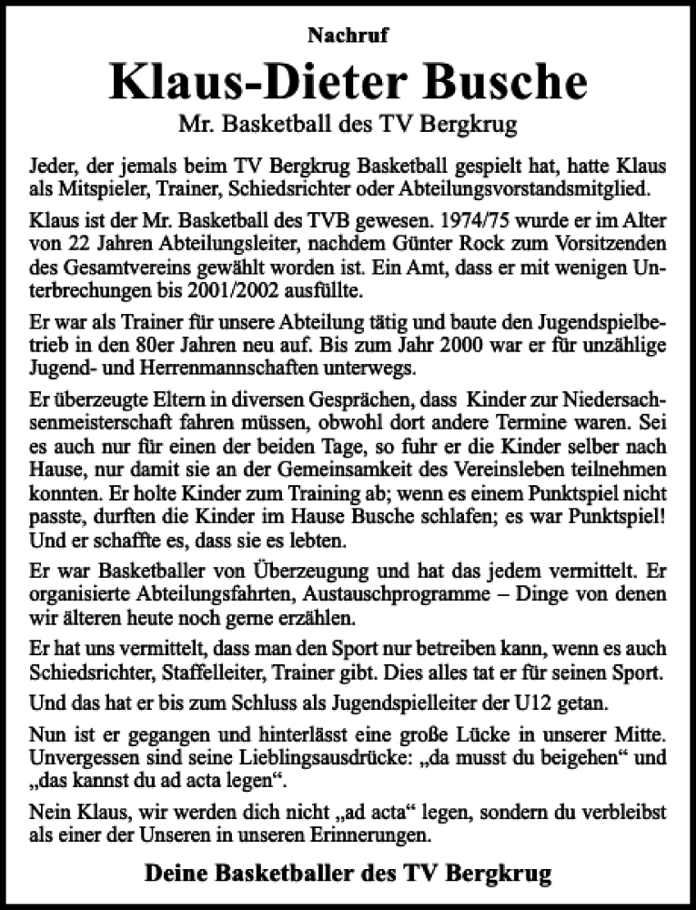  Traueranzeige für Klaus-Dieter Busche vom 23.12.2017 aus Schaumburger Nachrichten