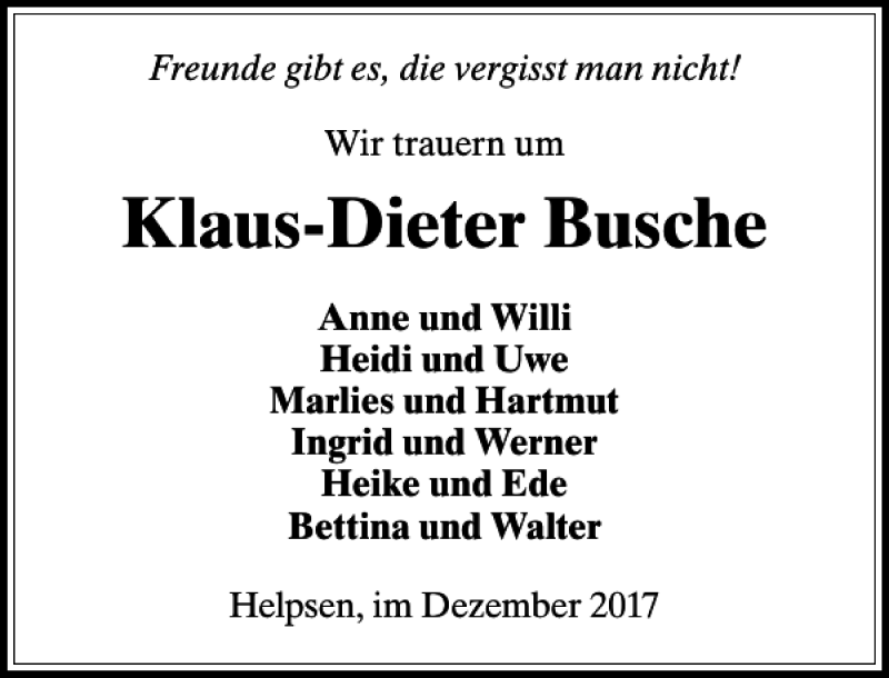  Traueranzeige für Klaus-Dieter Busche vom 20.12.2017 aus Schaumburger Nachrichten