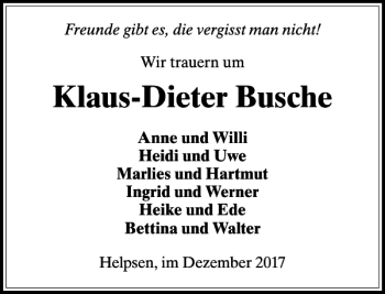 Traueranzeige von Klaus-Dieter Busche von Schaumburger Nachrichten