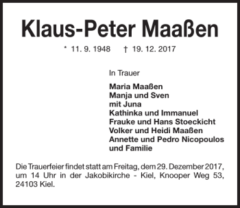 Traueranzeige von Klaus-Peter Maaßen von Kieler Nachrichten / Segeberger Zeitung
