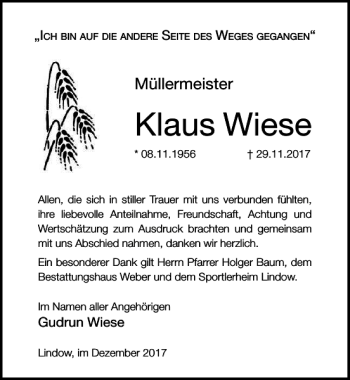 Traueranzeige von Klaus Wiese von MAZ-Trauer.de