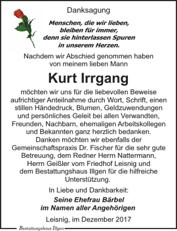 Traueranzeige von Kurt Irrgang von Leipziger Volkszeitung