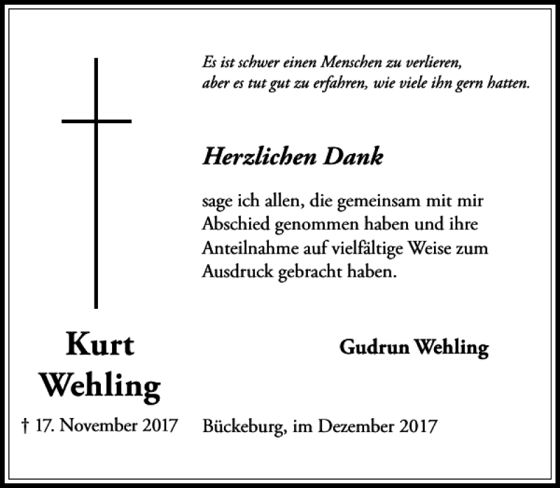  Traueranzeige für Kurt Wehling vom 16.12.2017 aus Schaumburger Nachrichten