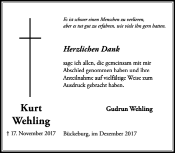 Traueranzeige von Kurt Wehling von Schaumburger Nachrichten