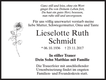Traueranzeige von Lieselotte Ruth Schmidt von MAZ-Trauer.de