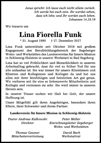 Traueranzeige von Lina Fiorella Funk von Kieler Nachrichten / Segeberger Zeitung