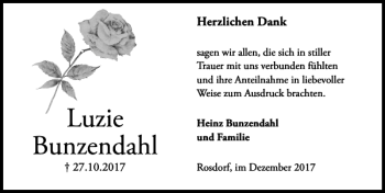 Traueranzeige von Luzie Bunzendahl von Göttinger Tageblatt