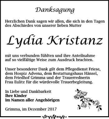 Traueranzeige von Lydia Kristanz von Leipziger Volkszeitung