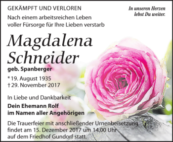 Traueranzeige von Magdalena Schneider von Leipziger Volkszeitung