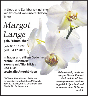 Traueranzeige von Margot Lange von Leipziger Volkszeitung