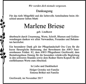 Traueranzeige von Marlene Briese von Ostsee-Zeitung