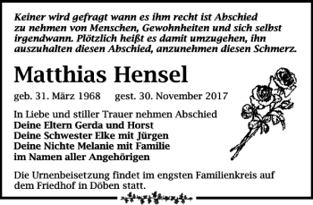 Traueranzeige von Matthias Hensel von Leipziger Volkszeitung