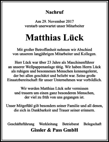 Traueranzeige von Matthias Lück von Schaumburger Nachrichten