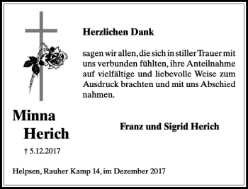 Traueranzeige von Minna Herich von Schaumburger Nachrichten