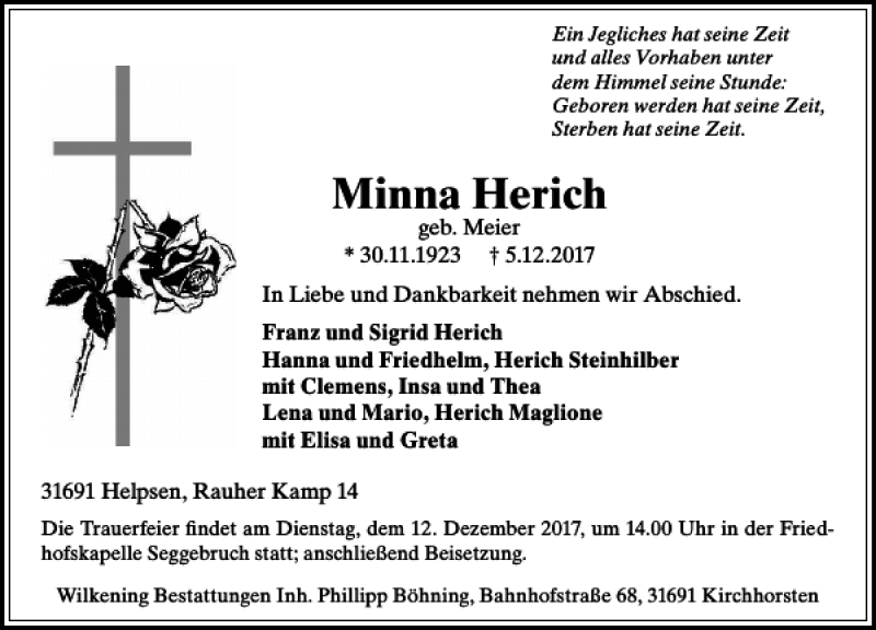  Traueranzeige für Minna Herich vom 09.12.2017 aus Schaumburger Nachrichten