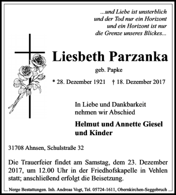 Traueranzeige von Parzanka Liesbeth von Schaumburger Nachrichten