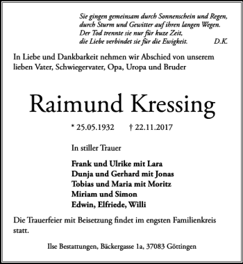 Traueranzeige von Raimund Kressing von Göttinger Tageblatt