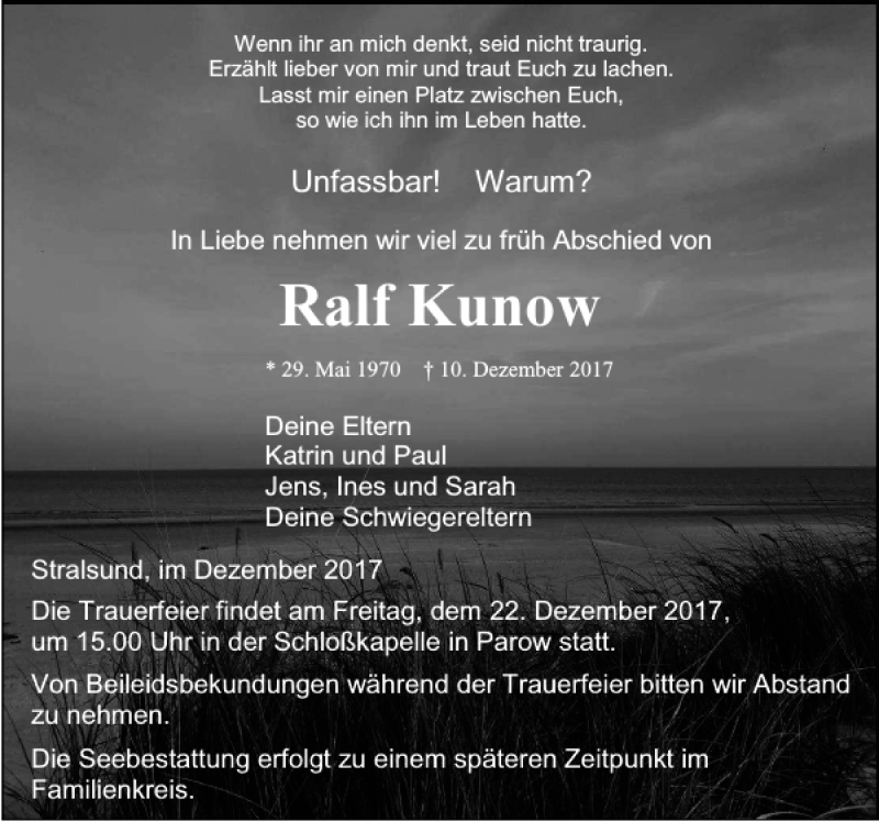  Traueranzeige für Ralf Kunow vom 16.12.2017 aus Ostsee-Zeitung