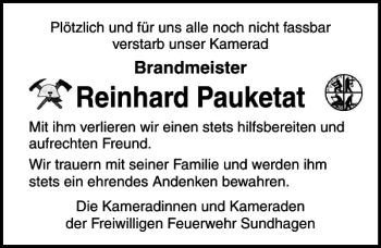 Traueranzeige von Reinhard Pauketat von Ostsee-Zeitung