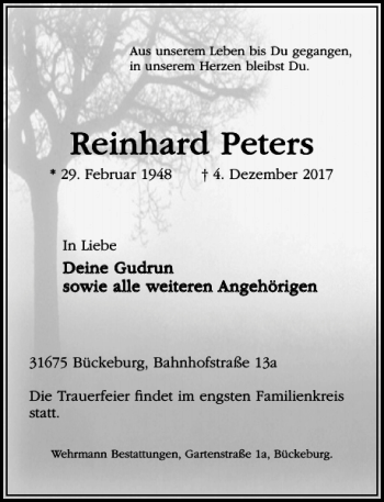 Traueranzeige von Reinhard Peters von Schaumburger Nachrichten