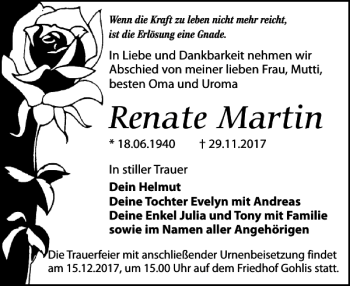 Traueranzeige von Renate Martin von Leipziger Volkszeitung