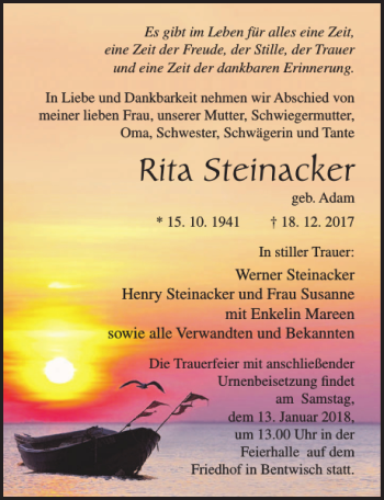 Traueranzeige von Rita Steinacker von Ostsee-Zeitung