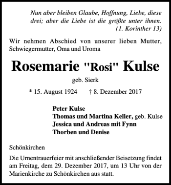 Traueranzeige von Rosemarie 'Rosi' Kulse von Kieler Nachrichten / Segeberger Zeitung