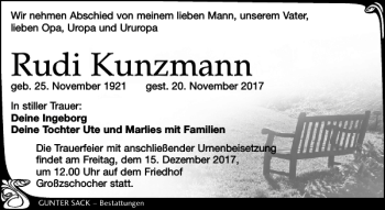 Traueranzeige von Rudi Kunzmann von Leipziger Volkszeitung