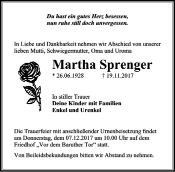 Traueranzeige von Sprenger  von MAZ-Trauer.de