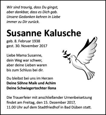 Traueranzeige von Susanne Kalusche von Leipziger Volkszeitung